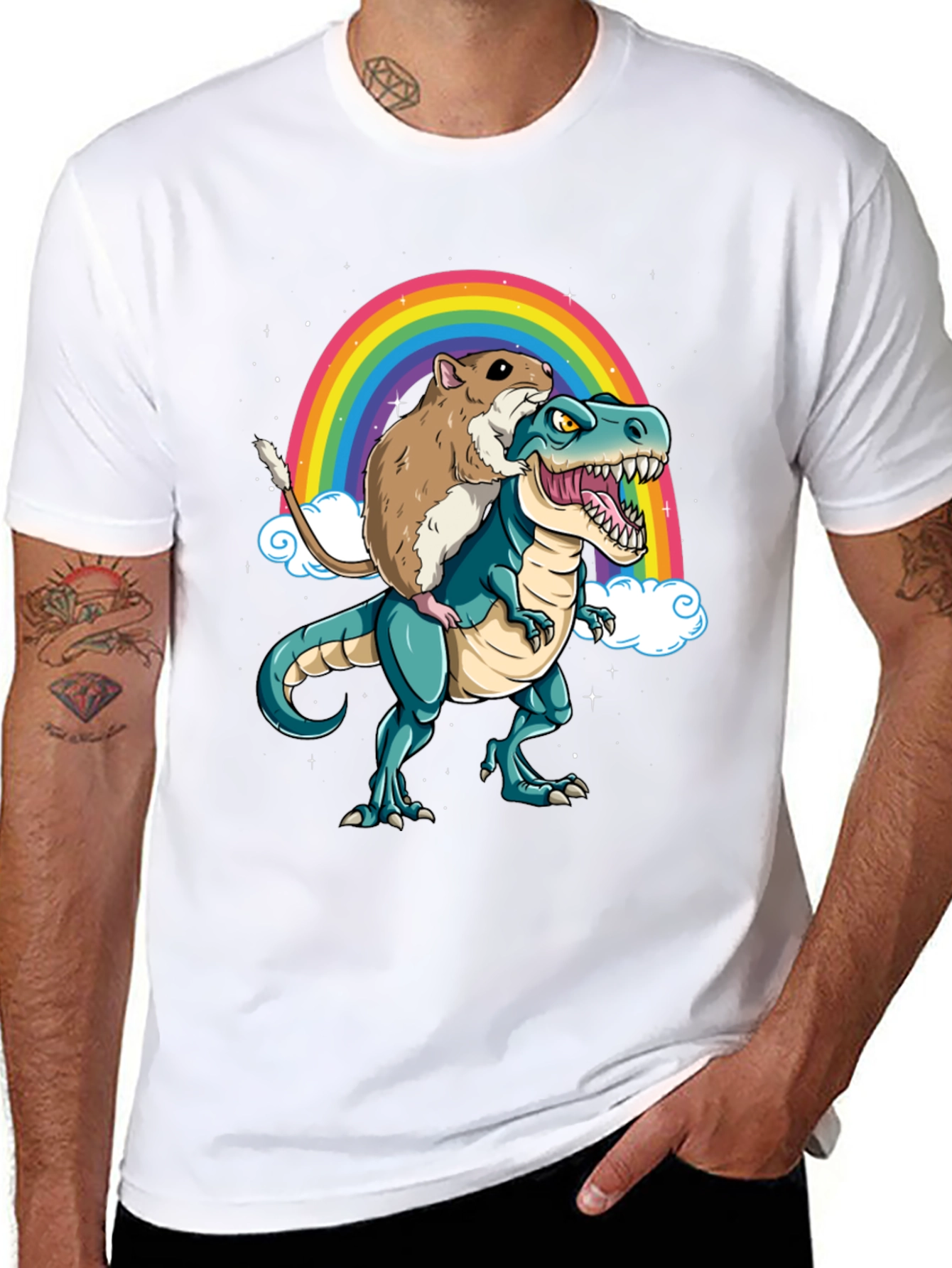 Hamster Riding Dinosaur Rainbow T-Shirt