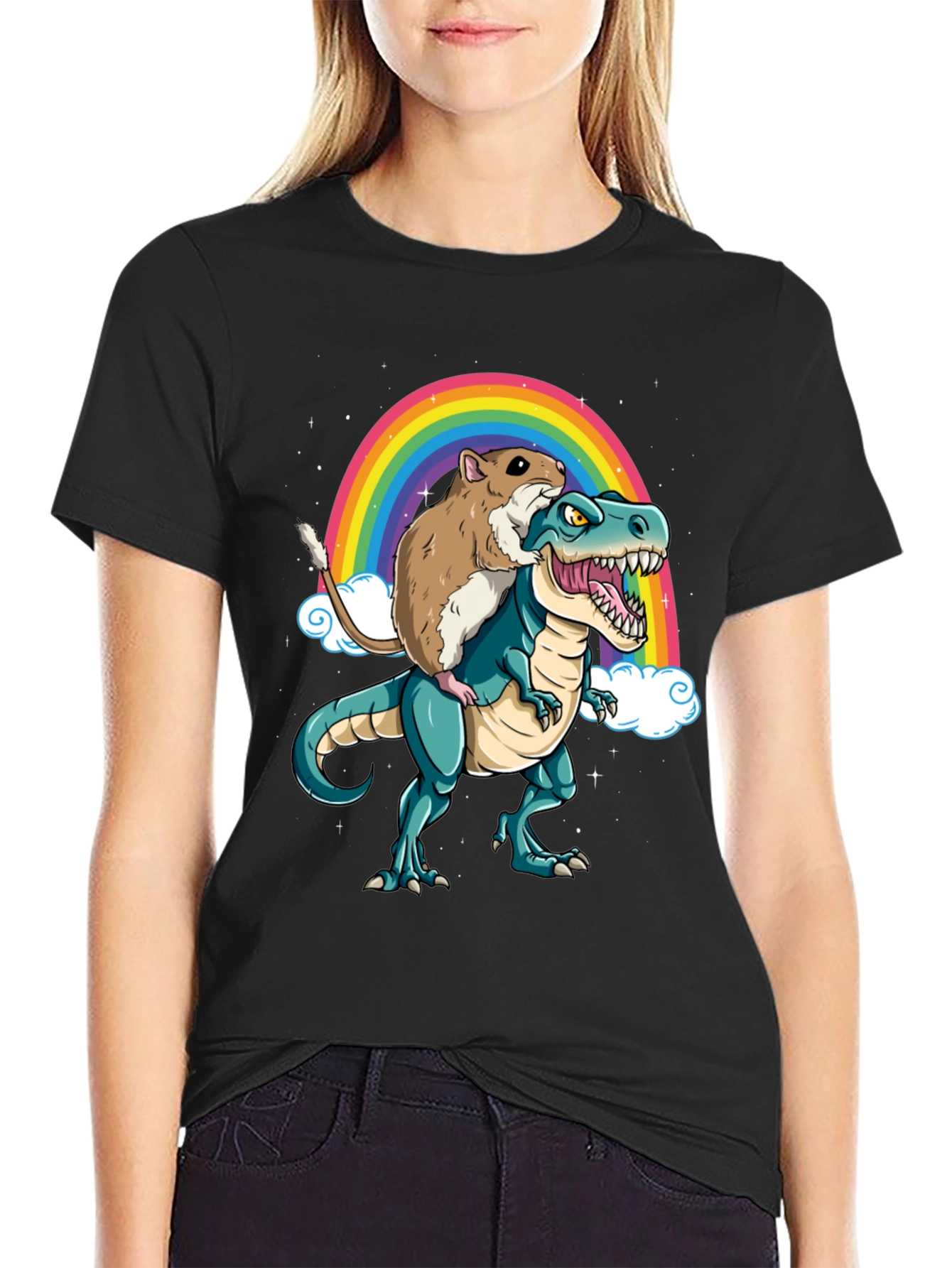 Hamster Riding Dinosaur Rainbow T-Shirt