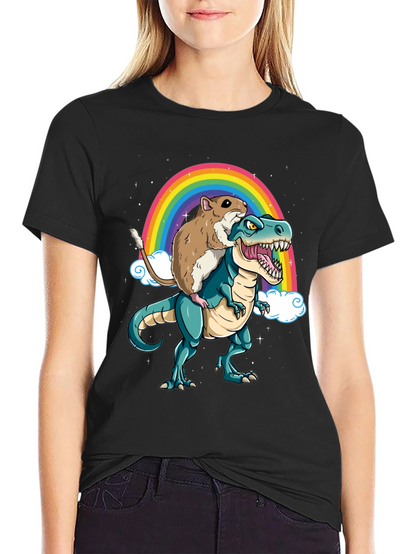 Hamster Riding Dinosaur Rainbow T-Shirt