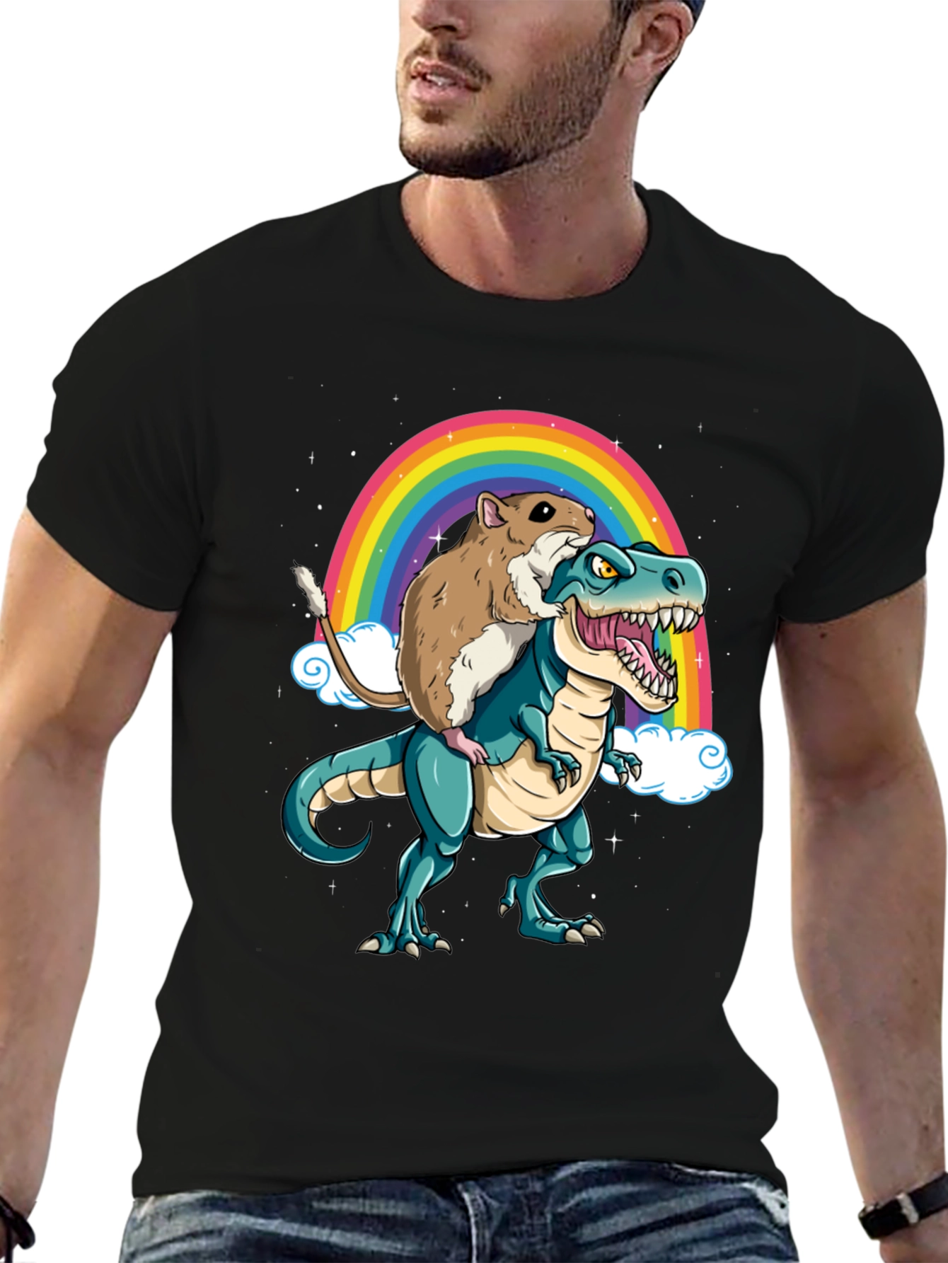 Hamster Riding Dinosaur Rainbow T-Shirt