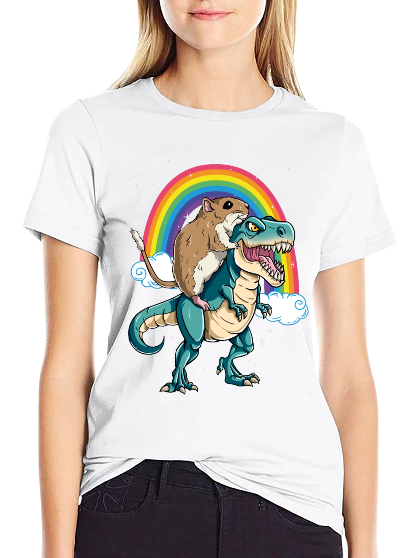 Hamster Riding Dinosaur Rainbow T-Shirt