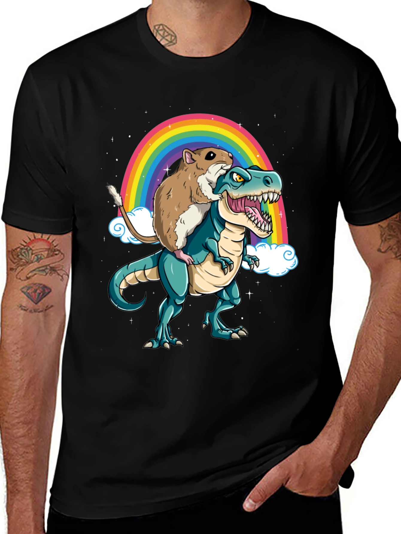Hamster Riding Dinosaur Rainbow T-Shirt