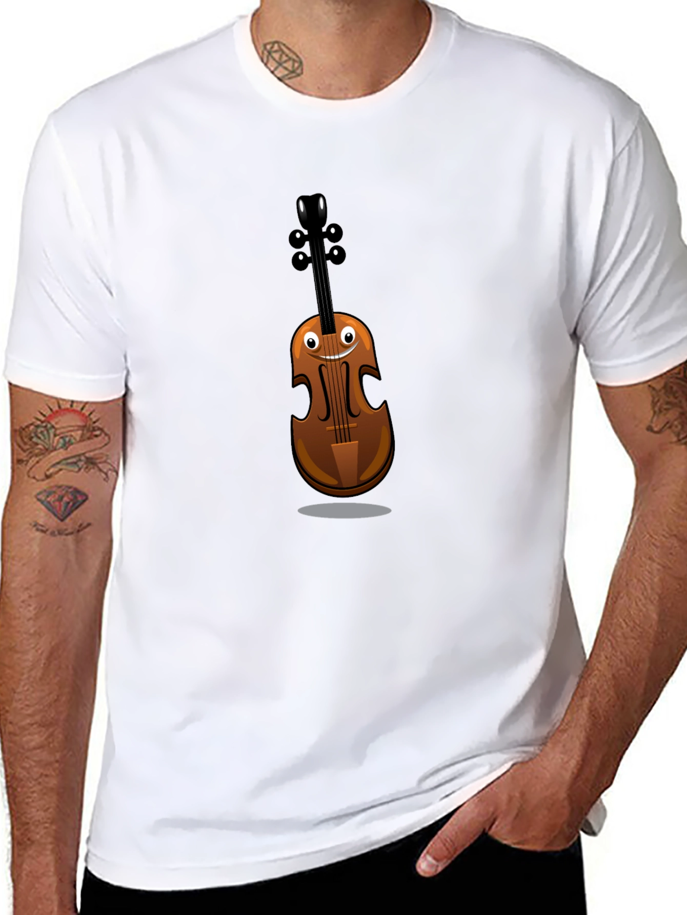 Funny Cartoon Violin Graphic Tee - Black Cotton Shirt