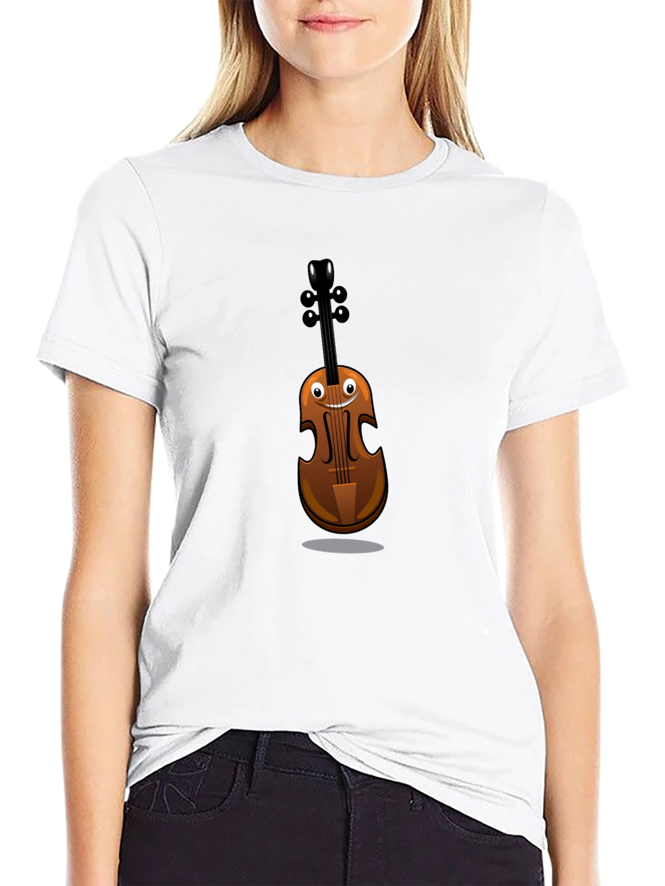 Funny Cartoon Violin Graphic Tee - Black Cotton Shirt