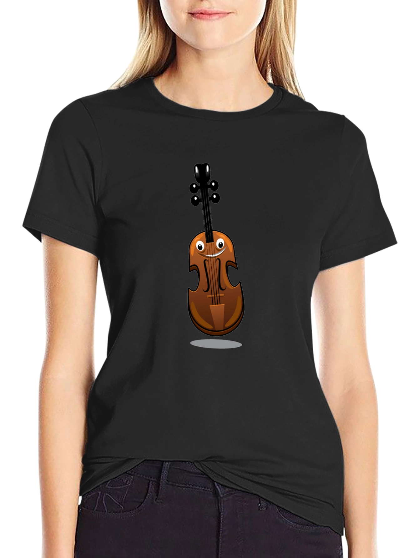 Funny Cartoon Violin Graphic Tee - Black Cotton Shirt