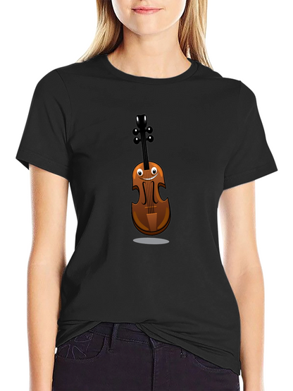 Funny Cartoon Violin Graphic Tee - Black Cotton Shirt