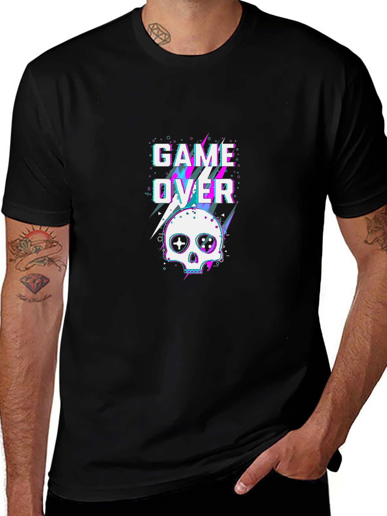 Game Over Skull Graphic Tee - Black Cotton T-Shirt