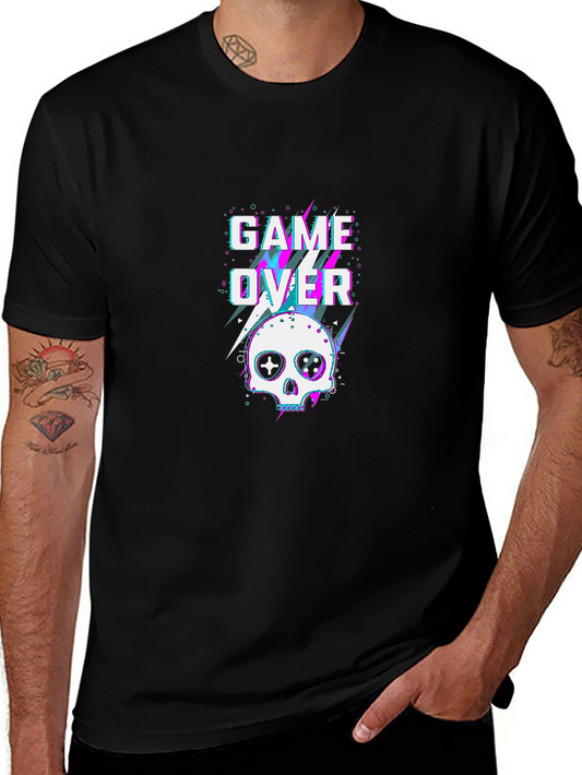 Game Over Skull Graphic Tee - Black Cotton T-Shirt