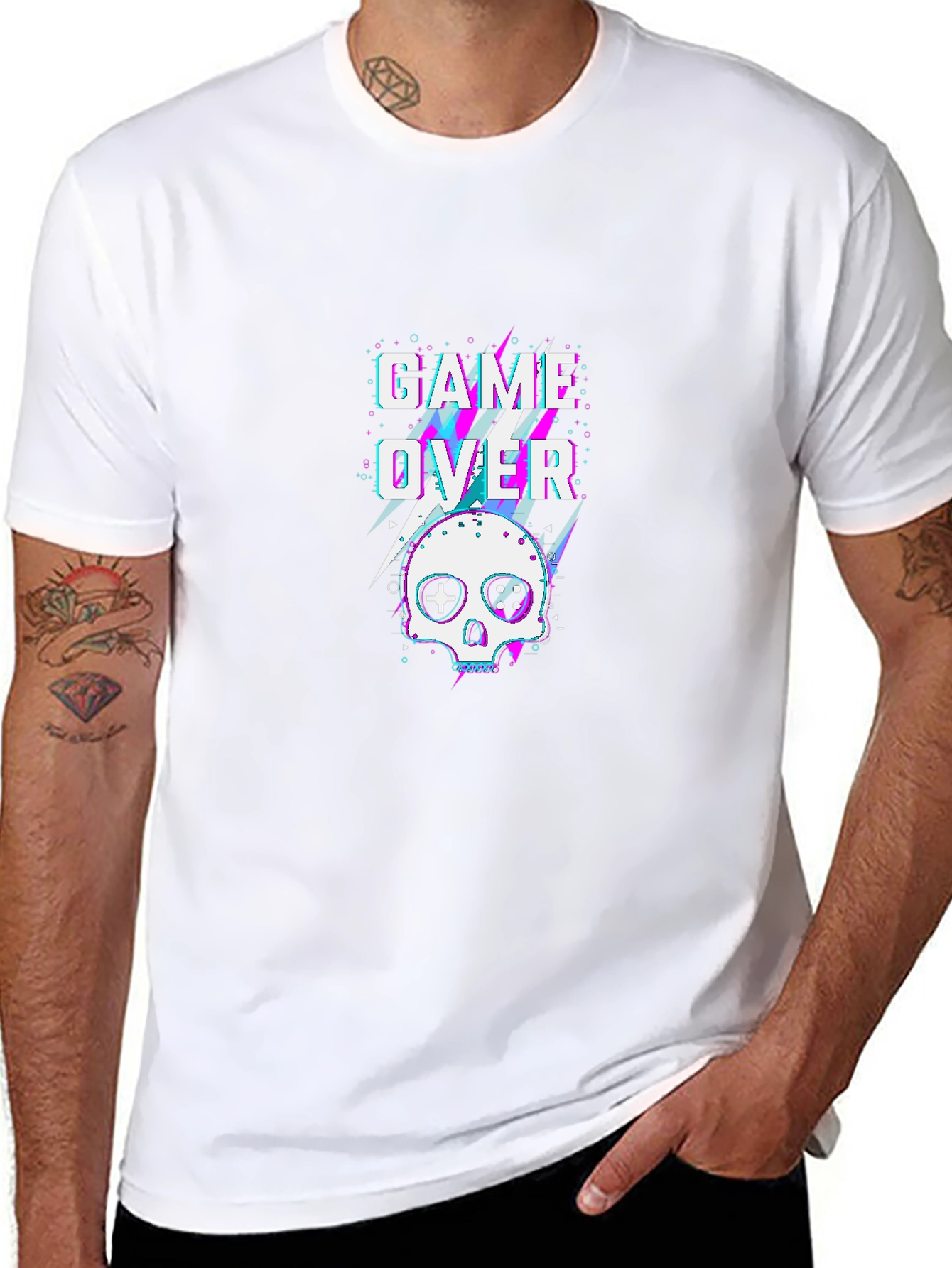 Game Over Skull Graphic Tee - Black Cotton T-Shirt