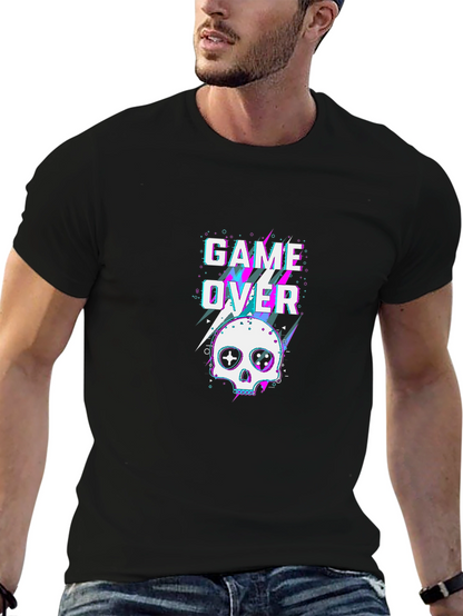 Game Over Skull Graphic Tee - Black Cotton T-Shirt