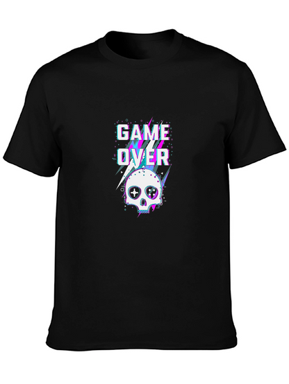 Game Over Skull Graphic Tee - Black Cotton T-Shirt
