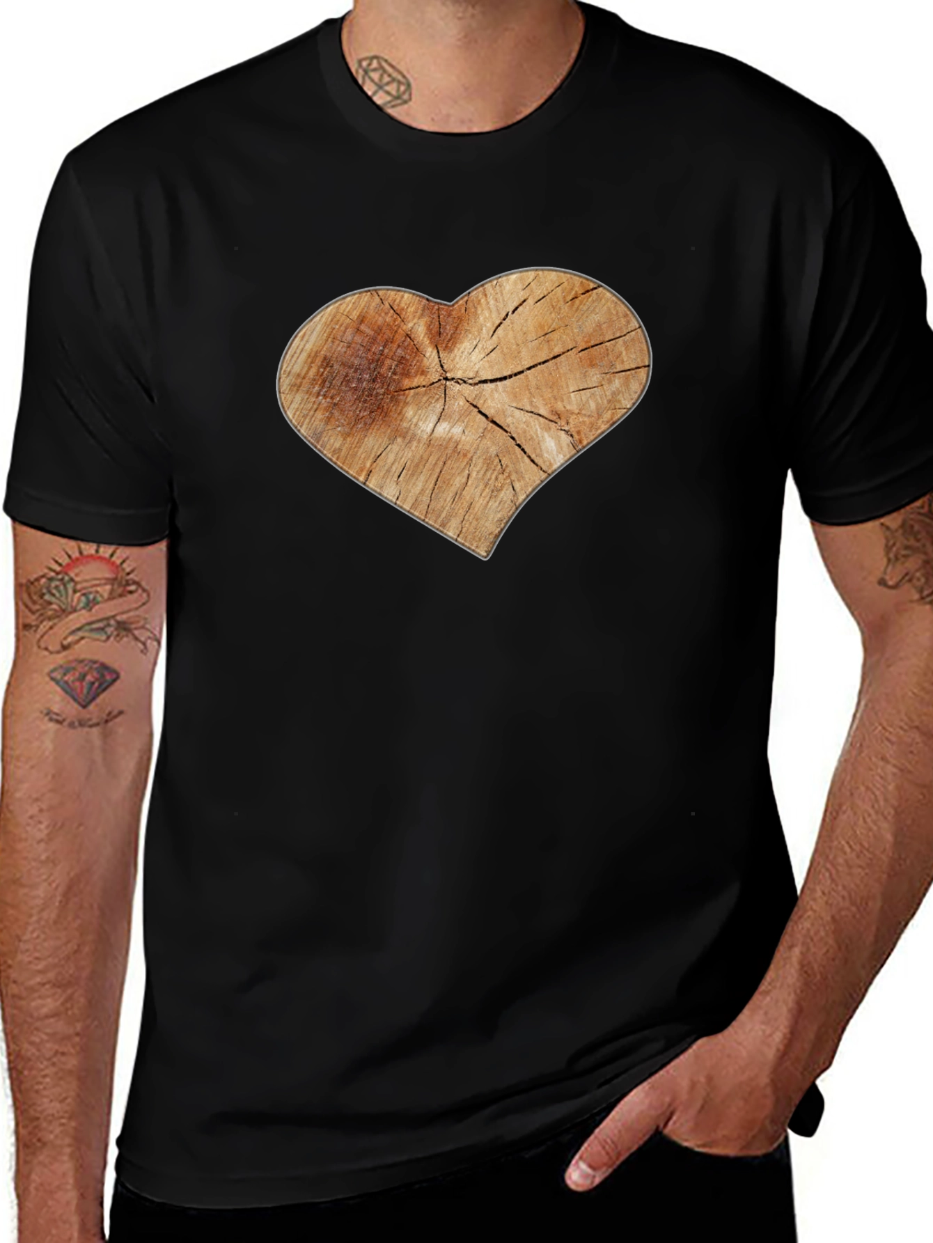 Rustic Wood Heart Graphic Tee - Black Cotton Blend