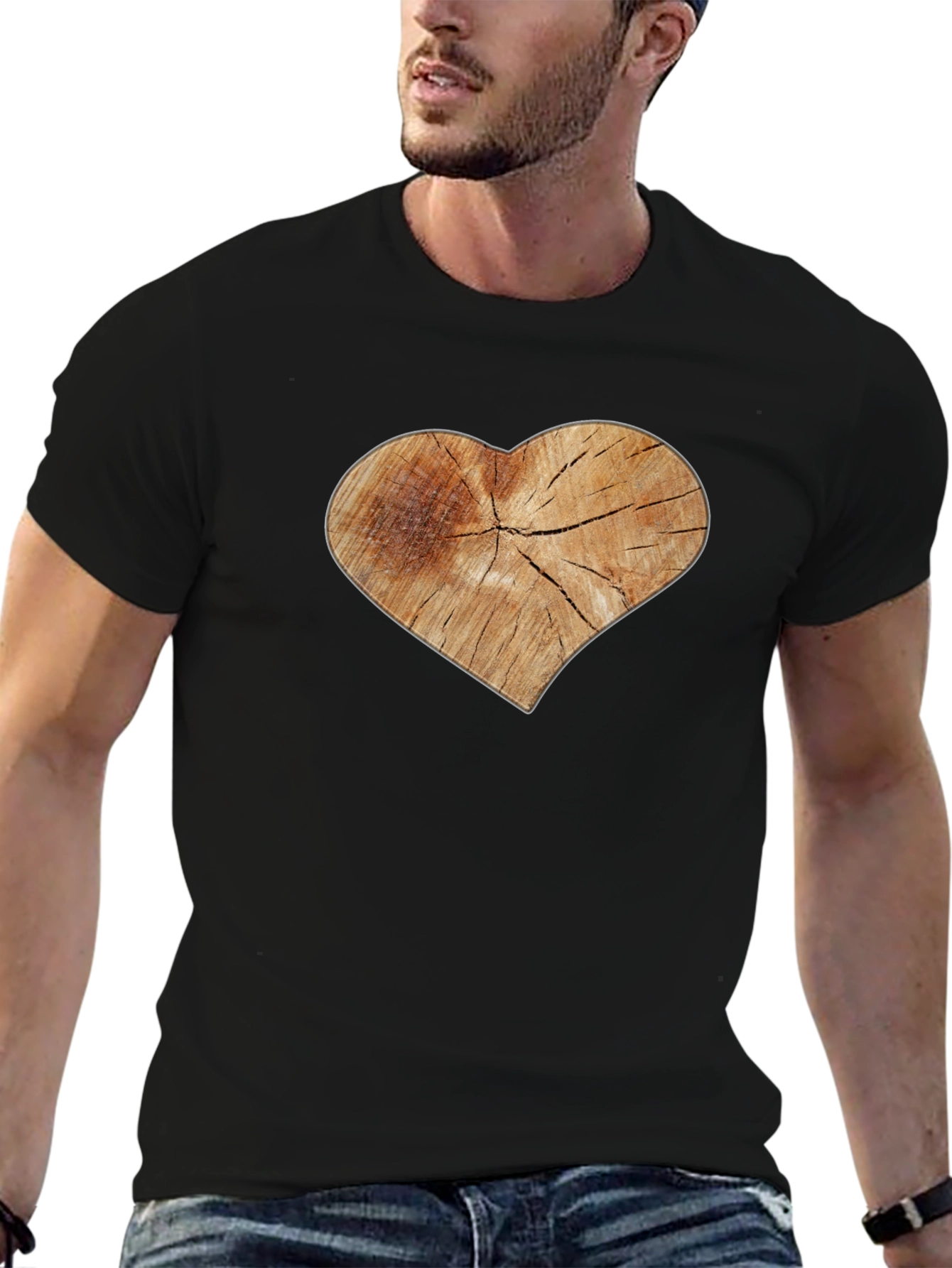 Rustic Wood Heart Graphic Tee - Black Cotton Blend