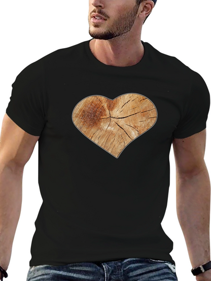Rustic Wood Heart Graphic Tee - Black Cotton Blend