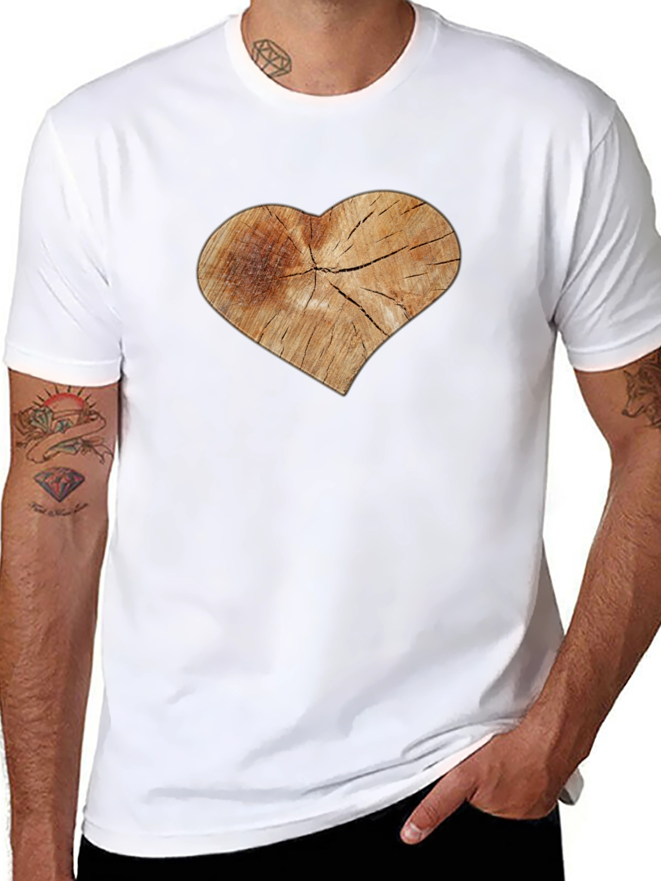 Rustic Wood Heart Graphic Tee - Black Cotton Blend