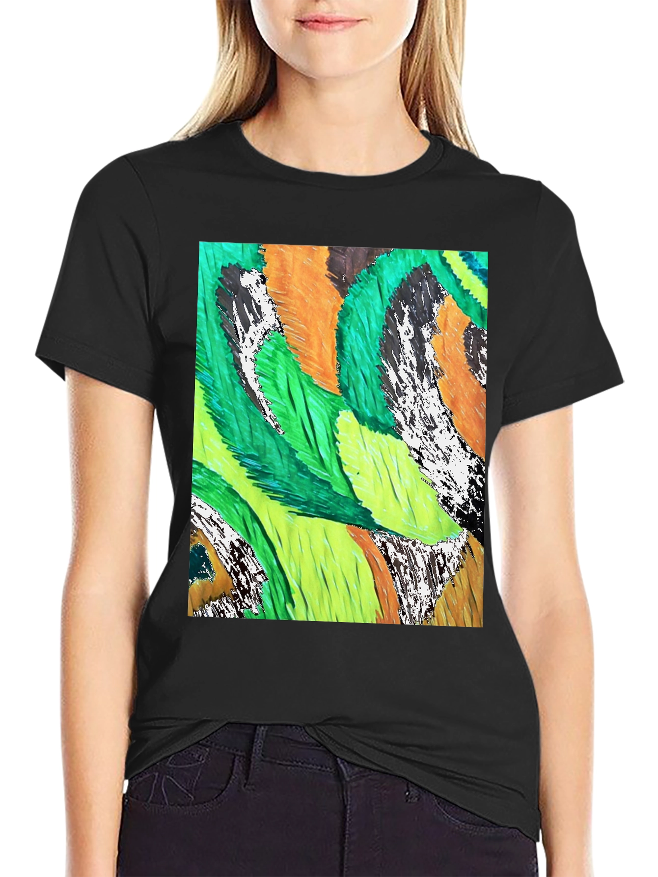 Abstract Feather Print Black T-Shirt