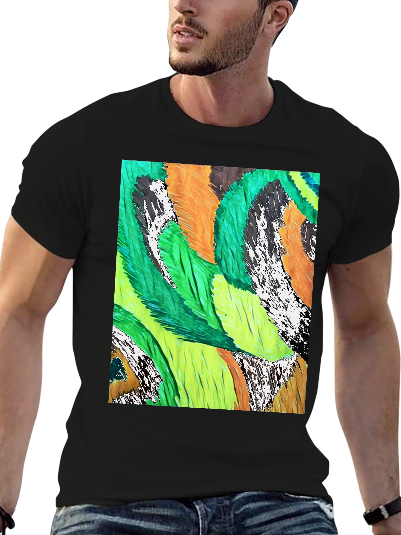 Abstract Feather Print Black T-Shirt