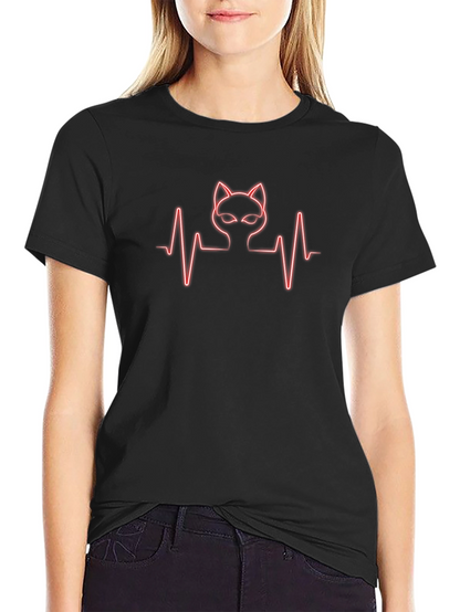 Cat Heartbeat Graphic Tee - Trendy Black T-Shirt