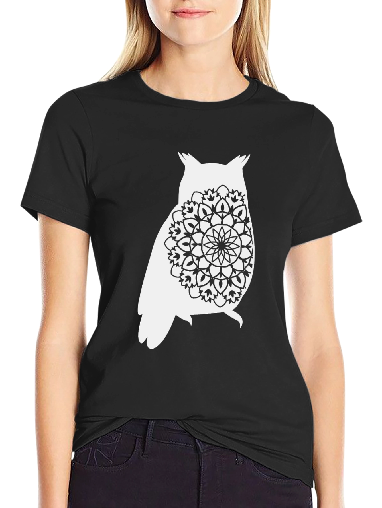Owl Mandala Graphic Tee - Black Cotton Comfort
