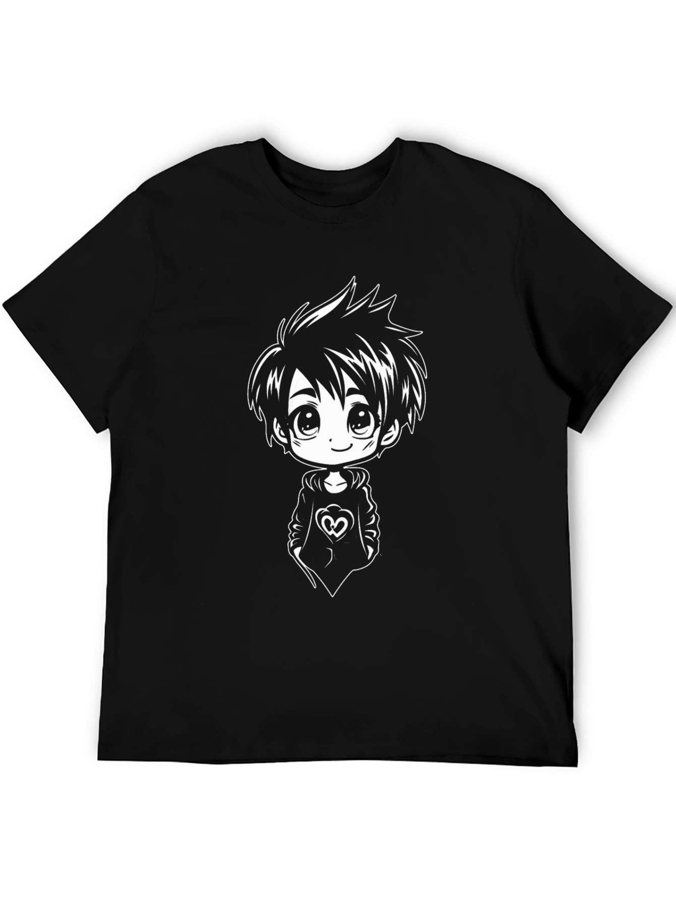 Anime Boy Graphic Tee - Black Cotton Blend Shirt