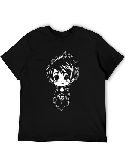 Anime Boy Graphic Tee - Black Cotton Blend Shirt