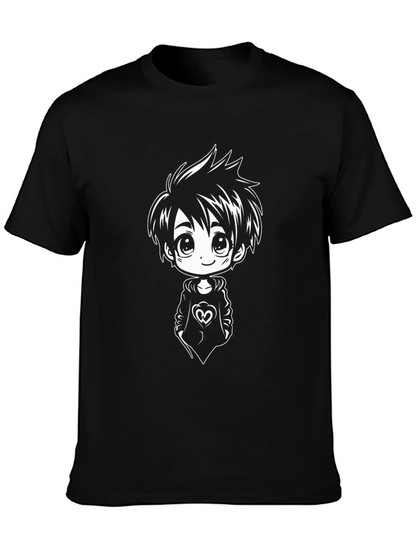Anime Boy Graphic Tee - Black Cotton Blend Shirt