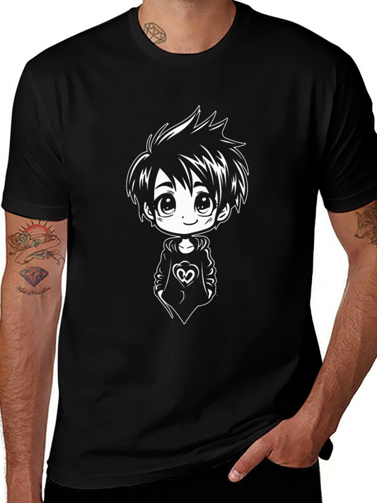 Anime Boy Graphic Tee - Black Cotton Blend Shirt
