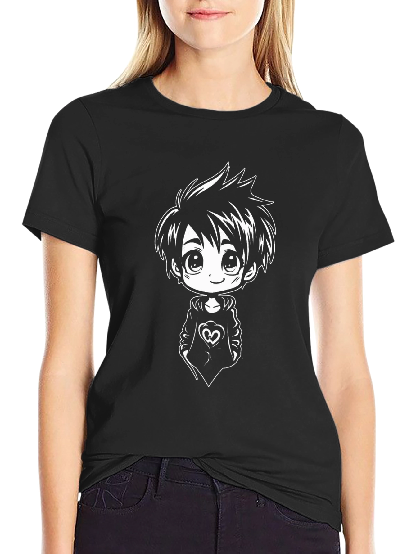Anime Boy Graphic Tee - Black Cotton Blend Shirt