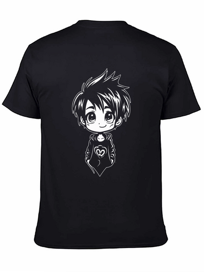 Anime Boy Graphic Tee - Black Cotton Blend Shirt