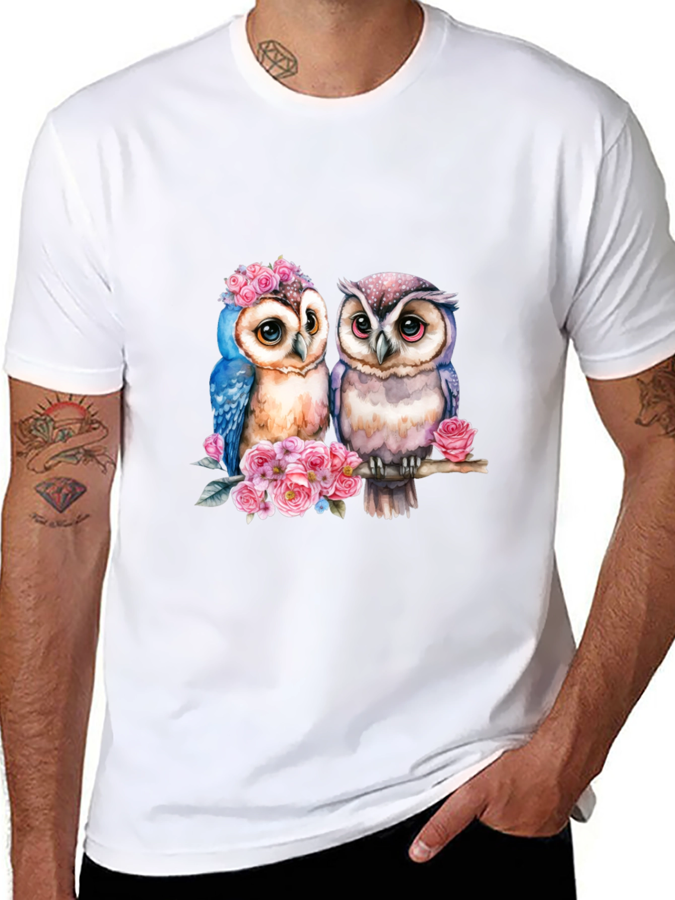 Owl Couple T-Shirt - Floral Design