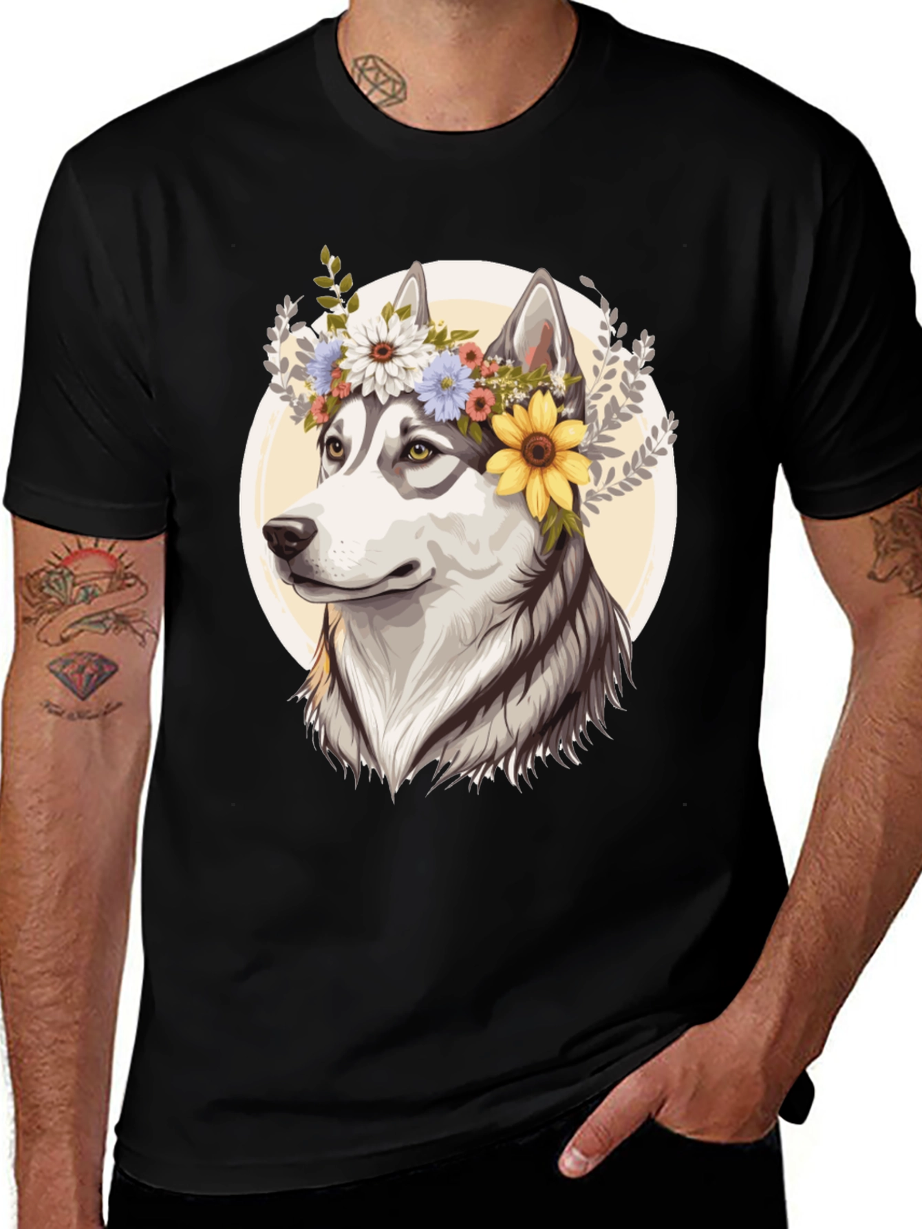 Floral Husky Graphic Tee - Unisex Black T-Shirt