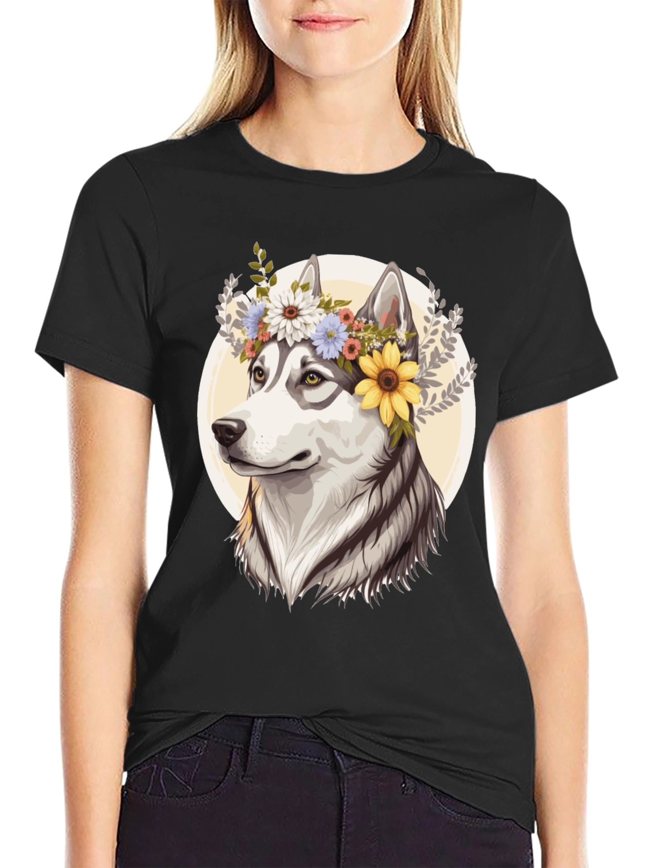 Floral Husky Graphic Tee - Unisex Black T-Shirt