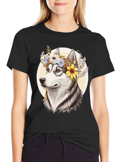 Floral Husky Graphic Tee - Unisex Black T-Shirt