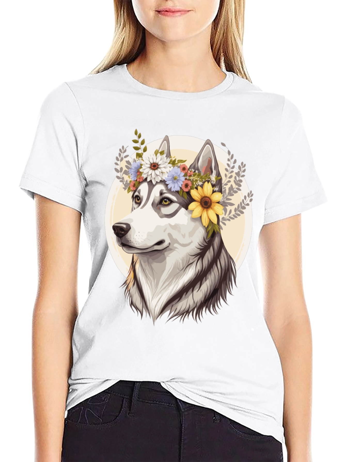 Floral Husky Graphic Tee - Unisex Black T-Shirt