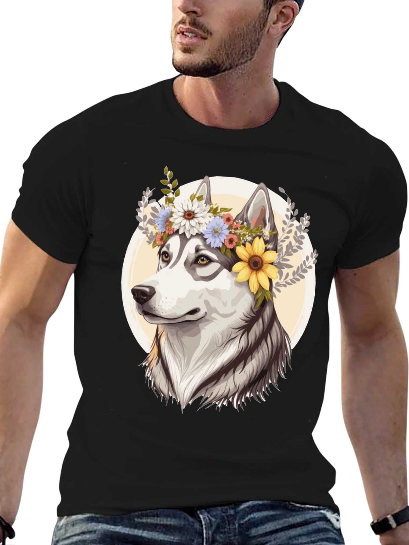 Floral Husky Graphic Tee - Unisex Black T-Shirt