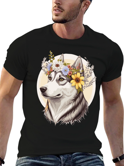 Floral Husky Graphic Tee - Unisex Black T-Shirt