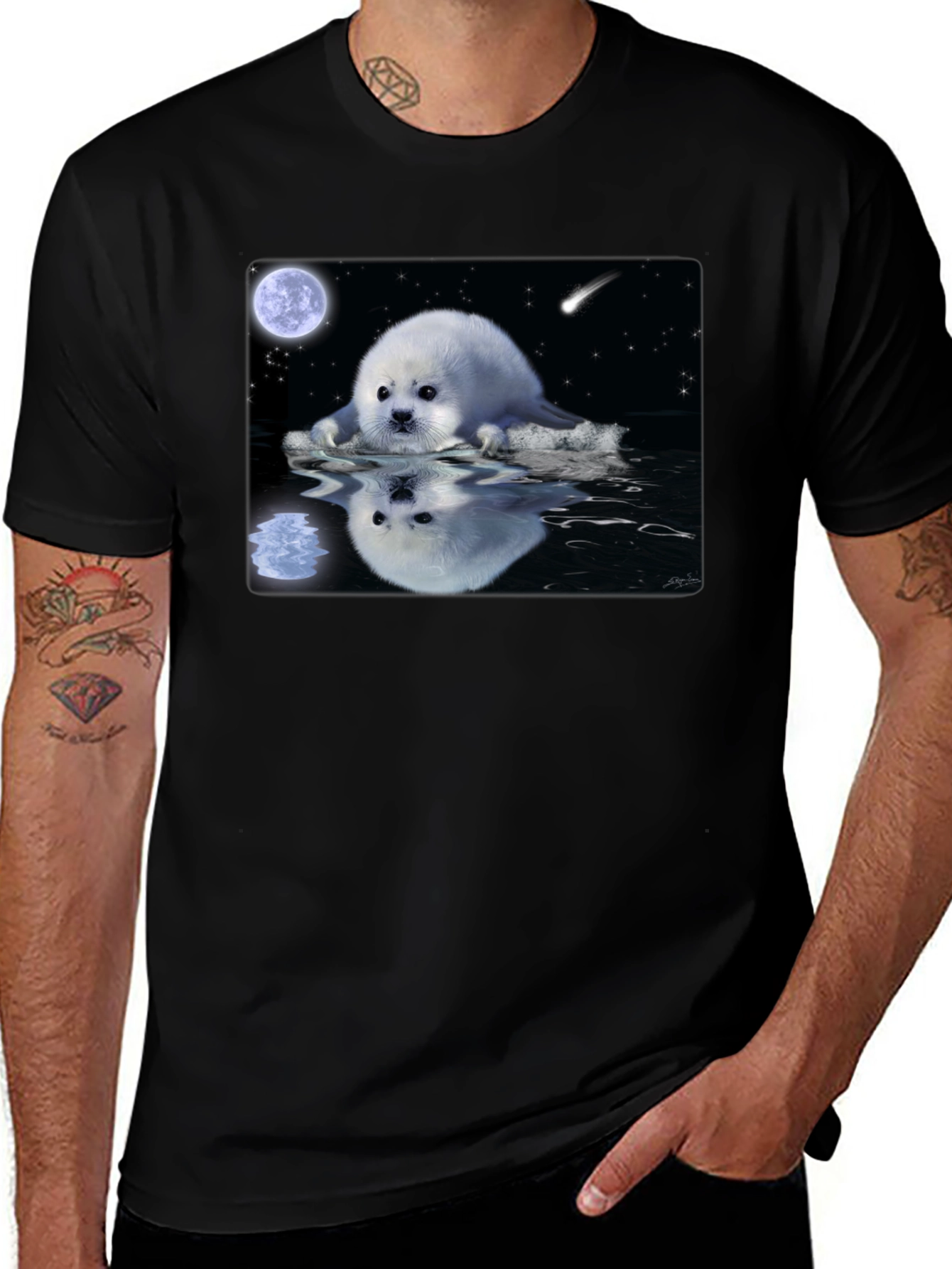 Seal Moon Reflection Graphic Tee - Black Cotton T-Shirt
