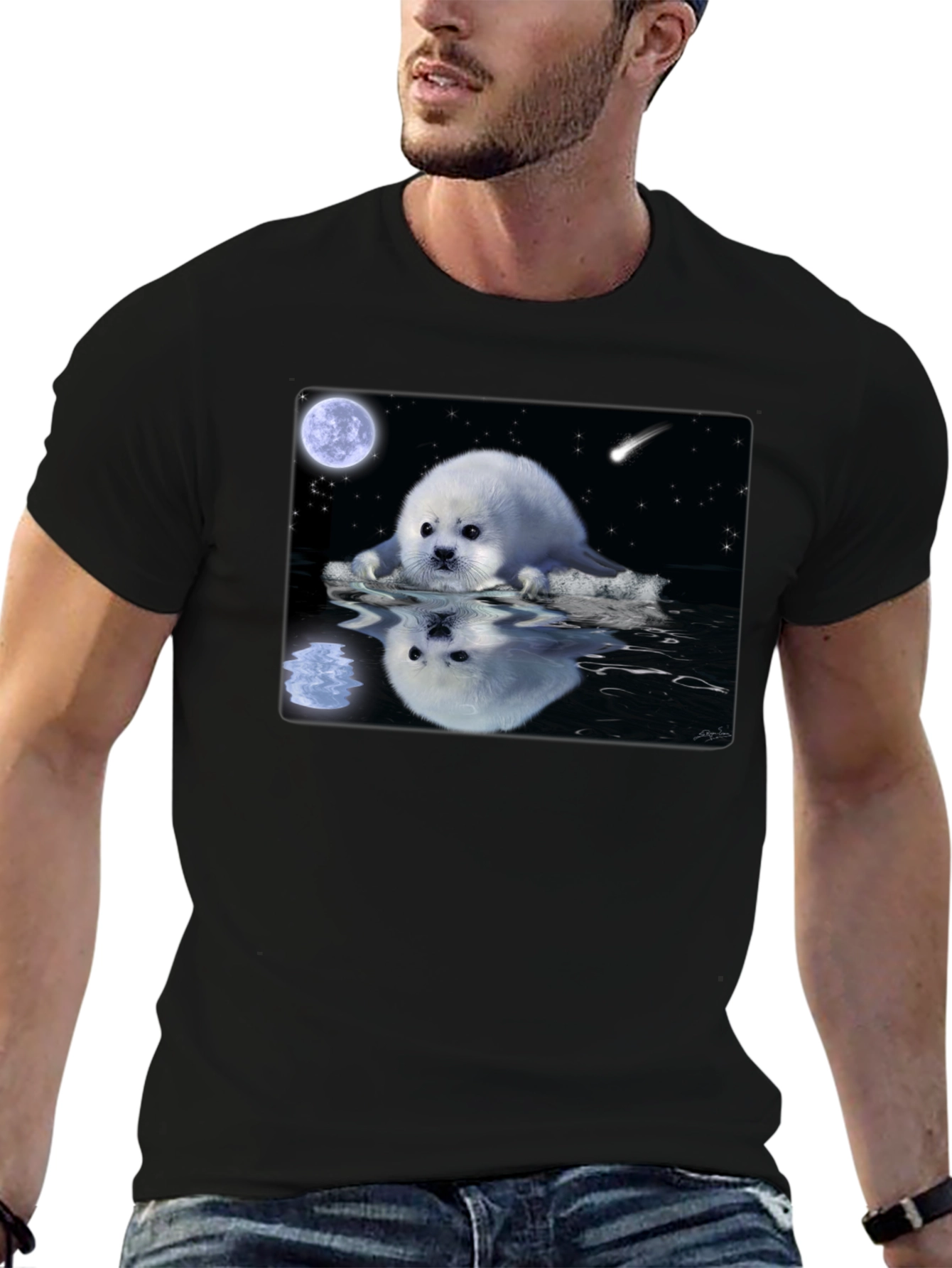 Seal Moon Reflection Graphic Tee - Black Cotton T-Shirt
