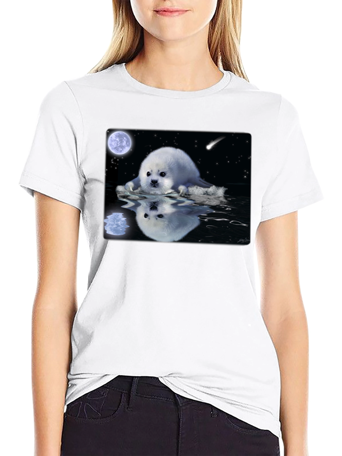 Seal Moon Reflection Graphic Tee - Black Cotton T-Shirt
