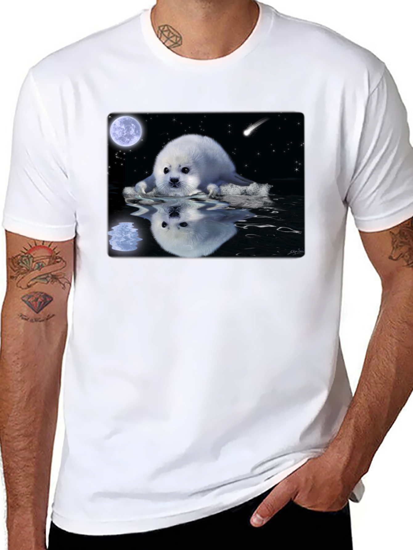 Seal Moon Reflection Graphic Tee - Black Cotton T-Shirt
