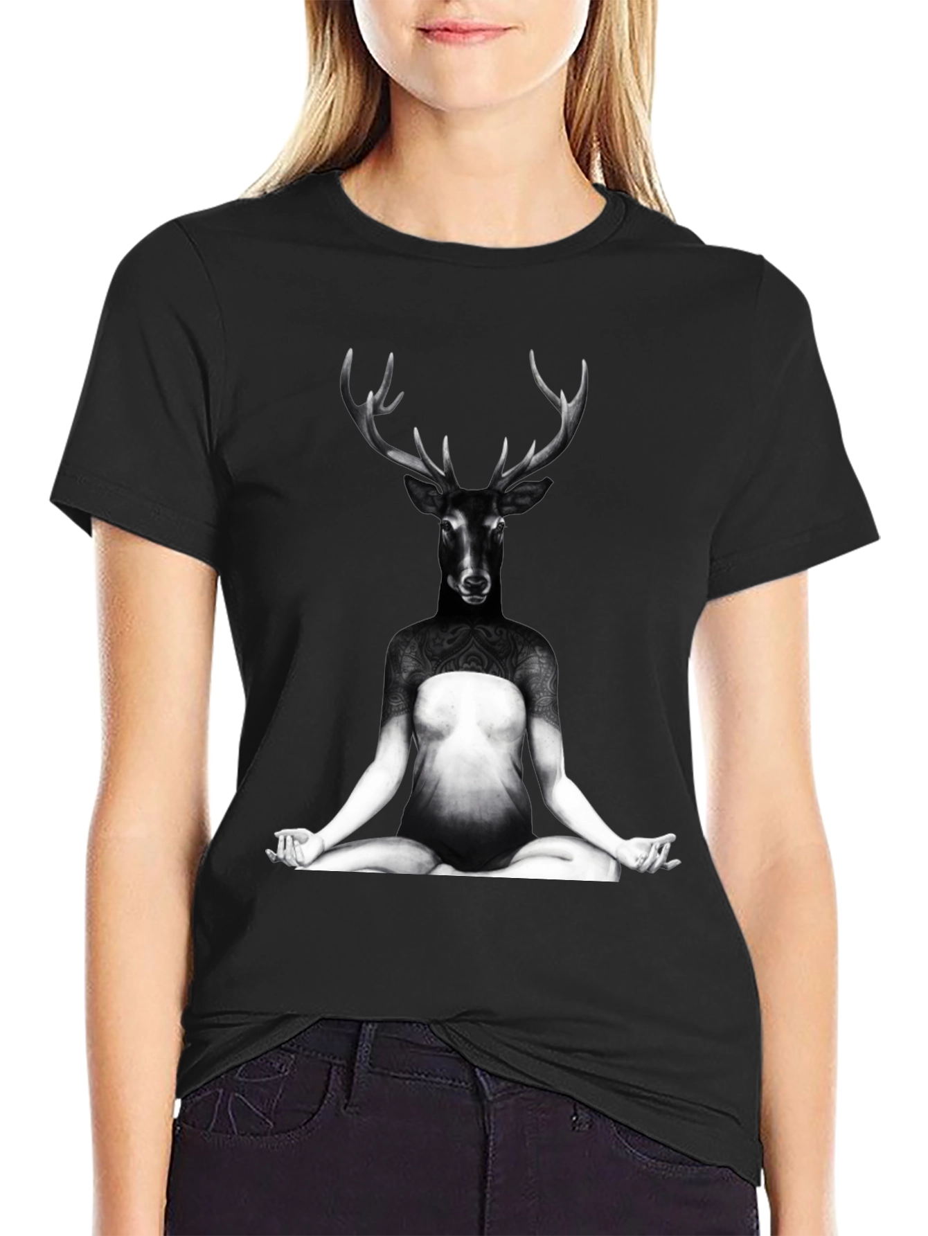 Deer Yoga Pose Graphic Tee - Unique Art T-Shirt