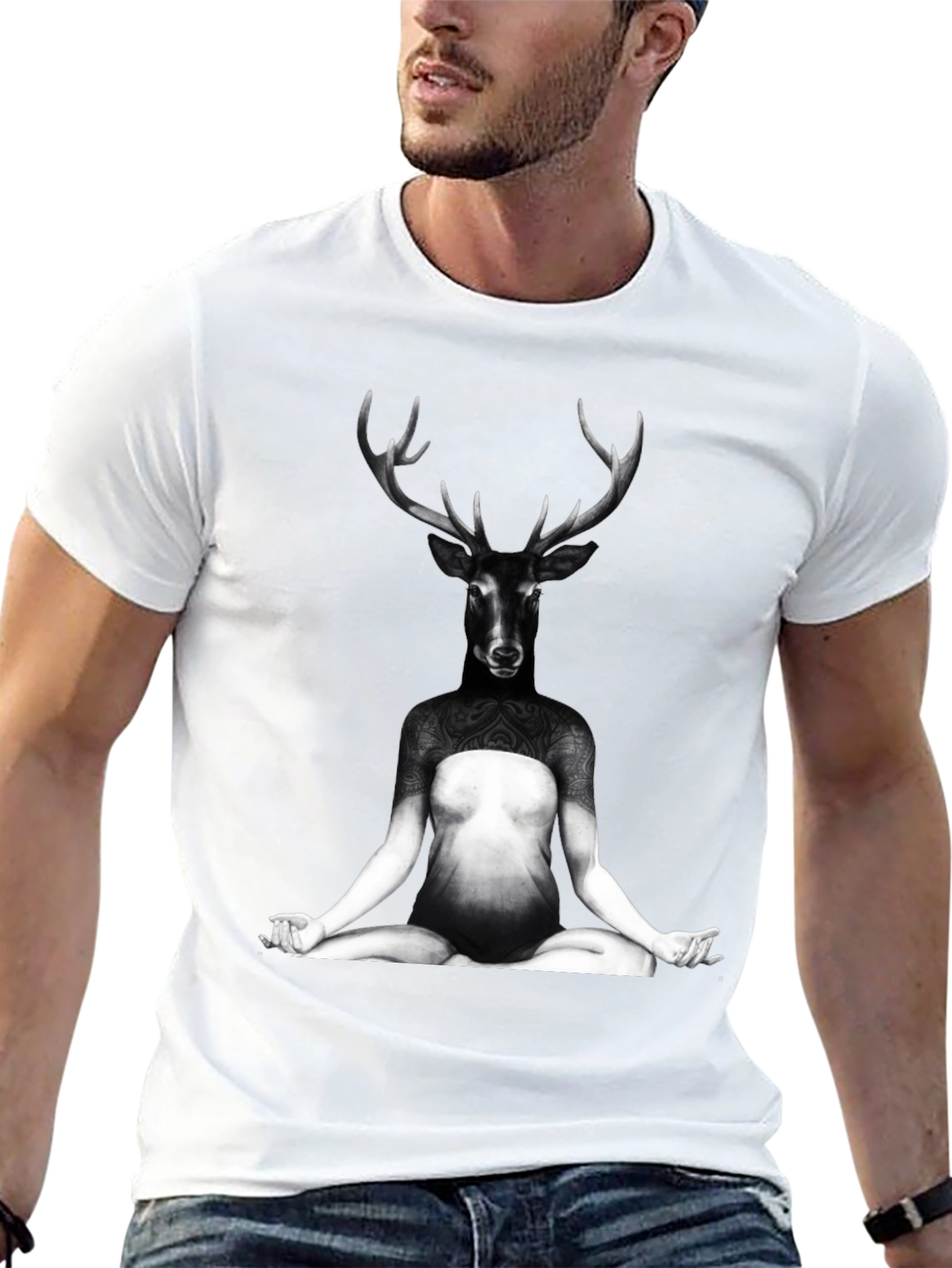 Deer Yoga Pose Graphic Tee - Unique Art T-Shirt