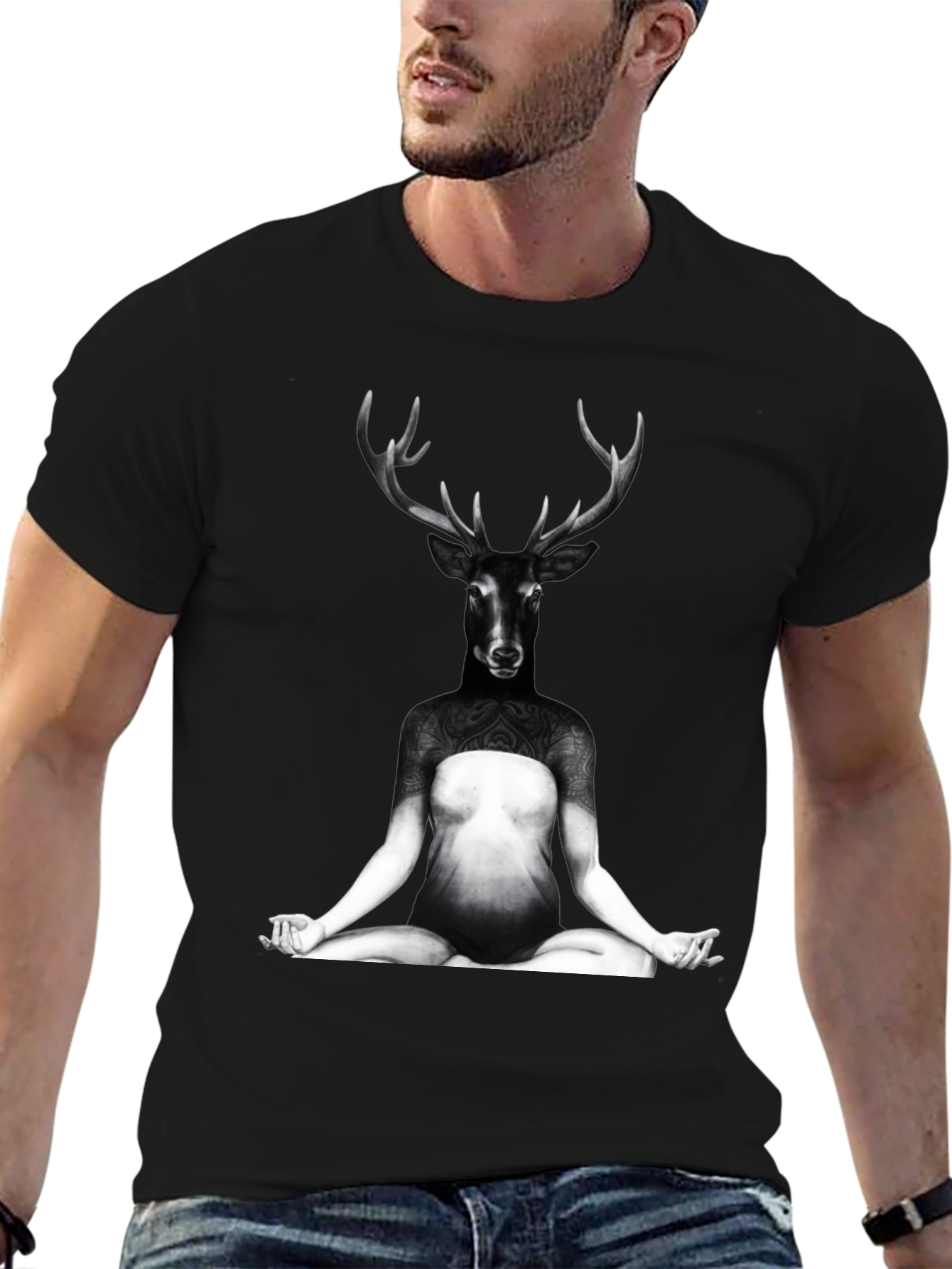 Deer Yoga Pose Graphic Tee - Unique Art T-Shirt