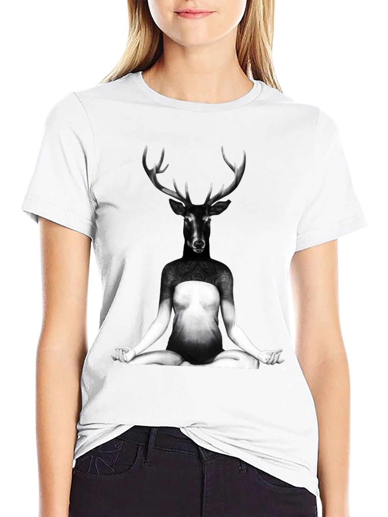 Deer Yoga Pose Graphic Tee - Unique Art T-Shirt