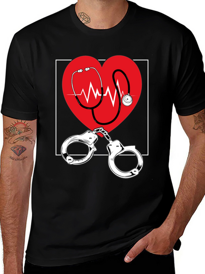 Medical Love T-Shirt - Heartbeat Stethoscope & Handcuffs Design