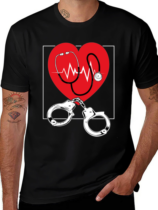 Medical Love T-Shirt - Heartbeat Stethoscope & Handcuffs Design