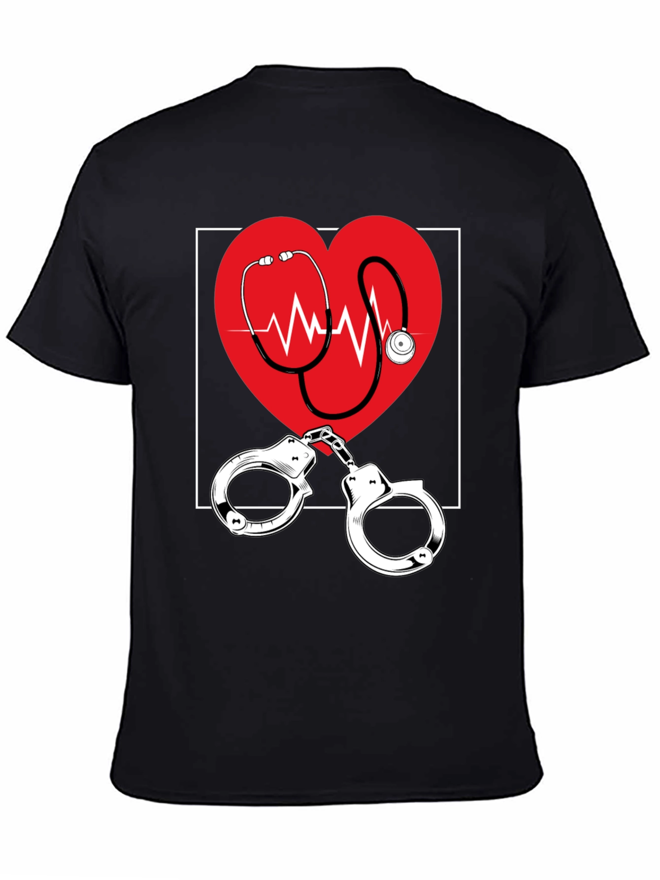 Medical Love T-Shirt - Heartbeat Stethoscope & Handcuffs Design