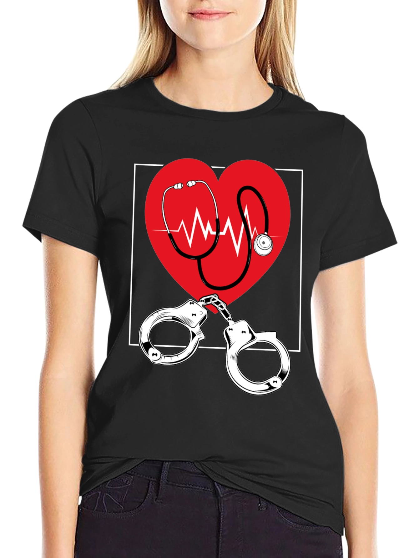 Medical Love T-Shirt - Heartbeat Stethoscope & Handcuffs Design