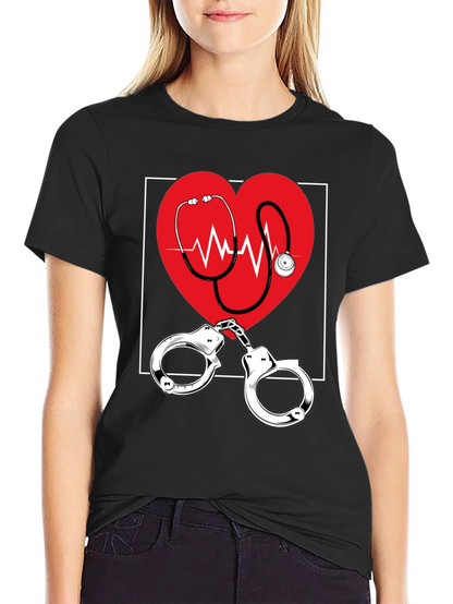 Medical Love T-Shirt - Heartbeat Stethoscope & Handcuffs Design