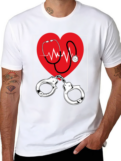 Medical Love T-Shirt - Heartbeat Stethoscope & Handcuffs Design